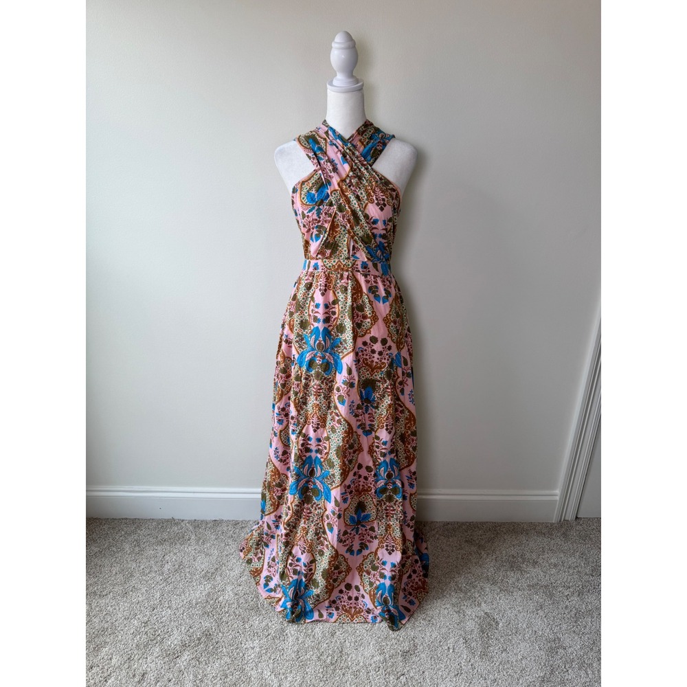 Anna Cate Pink Blue Floral Paisley Halter Maxi Dress Cotton Boho Cottagecore M - Picture 2 of 8